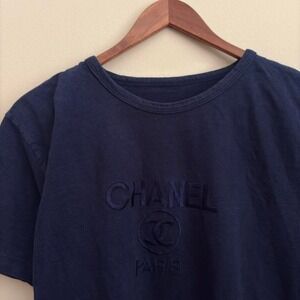 Vintage 1990's Embroidered Logo Chanel Paris Style Single Stitch Navy T Shirt